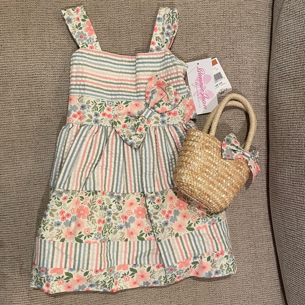 Floral Striped Dress with Straw Bag